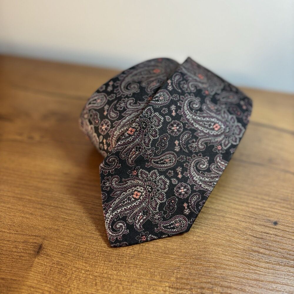 Mark Shale Necktie Black Purple Paisley Pattern England Fine Silk Neck Tie